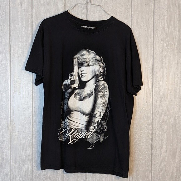 Marilyn Monroe Respect Tattoo Surf & Style Black Graphic Tee EUC SZ L - Picture 1 of 5
